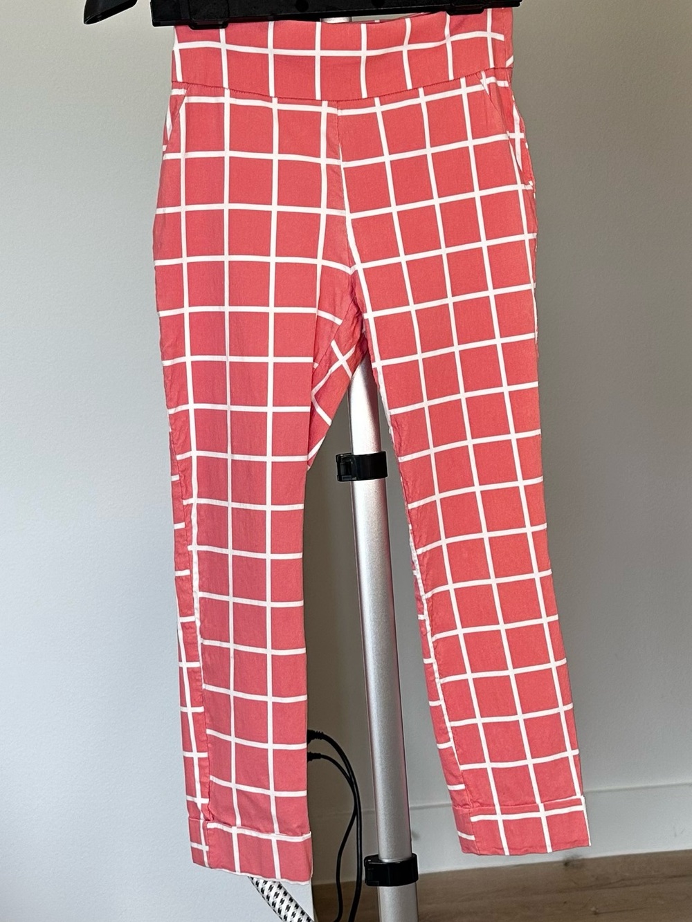 Coral Pink Windowpane Plaid Cropped Slim Pants